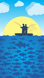 与渔民和鱼群的海景观背景图片