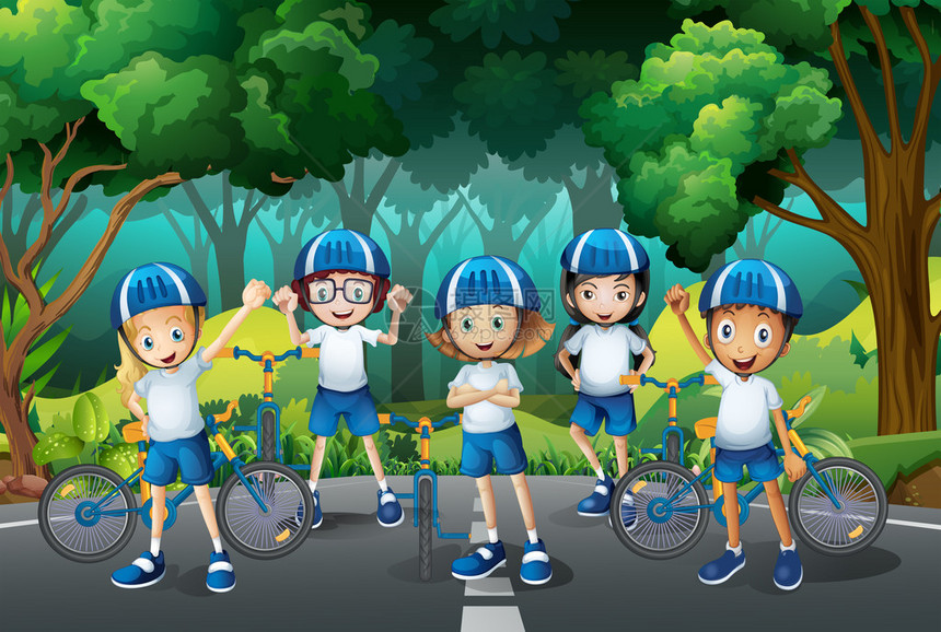 骑自行车时戴头盔的孩子插画图片