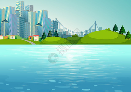 场景与建筑物和河流插图图片