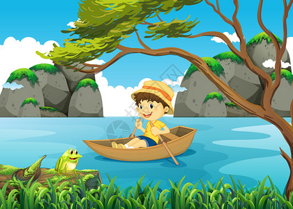 独自在湖中划船的男孩插画图片