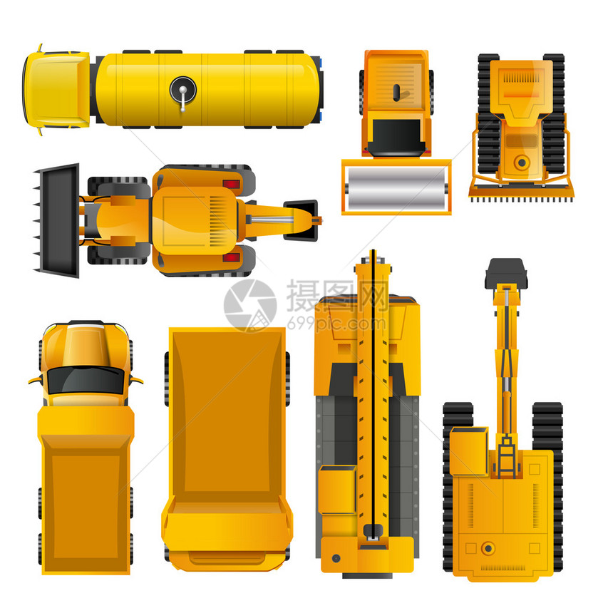 一套黄色现实的建筑机械顶视高图孤立矢量插图YealForestA图片