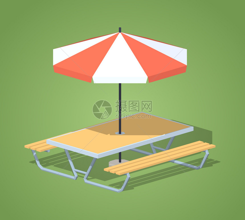绿色背景下带太阳雨伞的咖啡厅桌3D低多光度图片