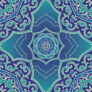 蓝色背景上曼陀罗的蓝色五颜六色的装饰品东方地毯披肩纺织品织物壁纸图片