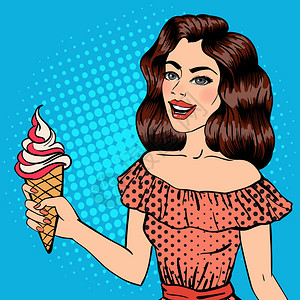冰淇淋的女孩流行艺术横幅钉住女孩美丽的女人与冰淇淋图片