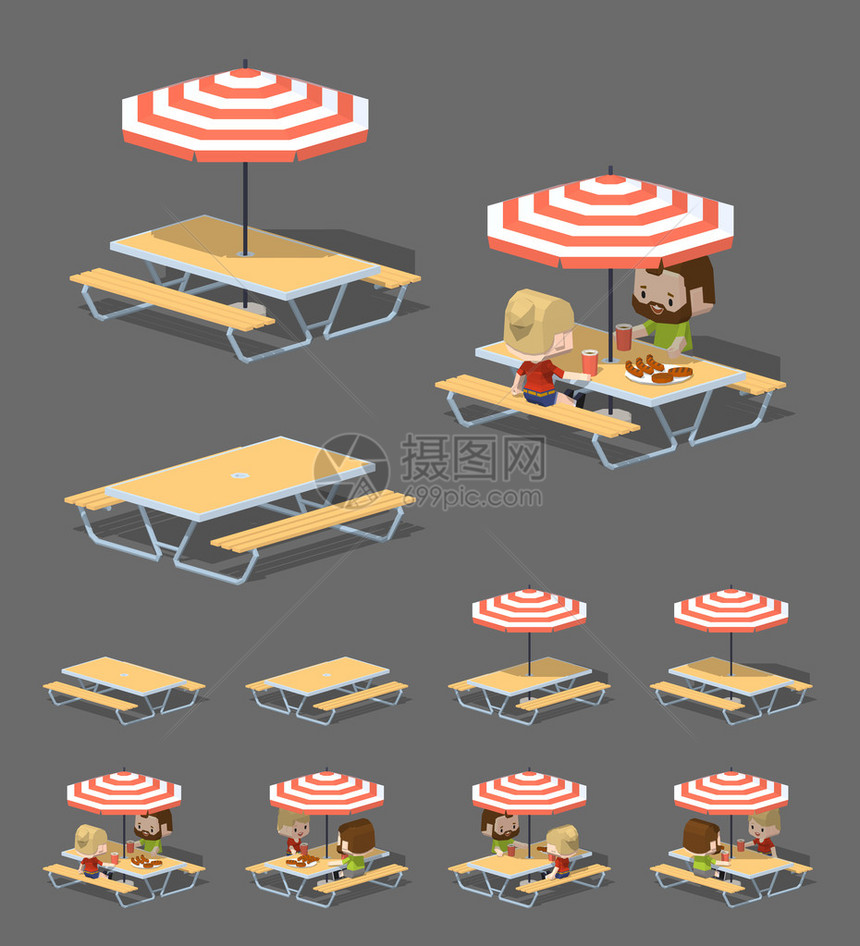 带太阳伞的咖啡厅桌3D低波等深度矢量图在灰色背景下隔离并显示不同侧图片