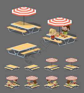 低gi食物带太阳伞的咖啡厅桌3D低波等深度矢量图在灰色背景下隔离并显示不同侧设计图片