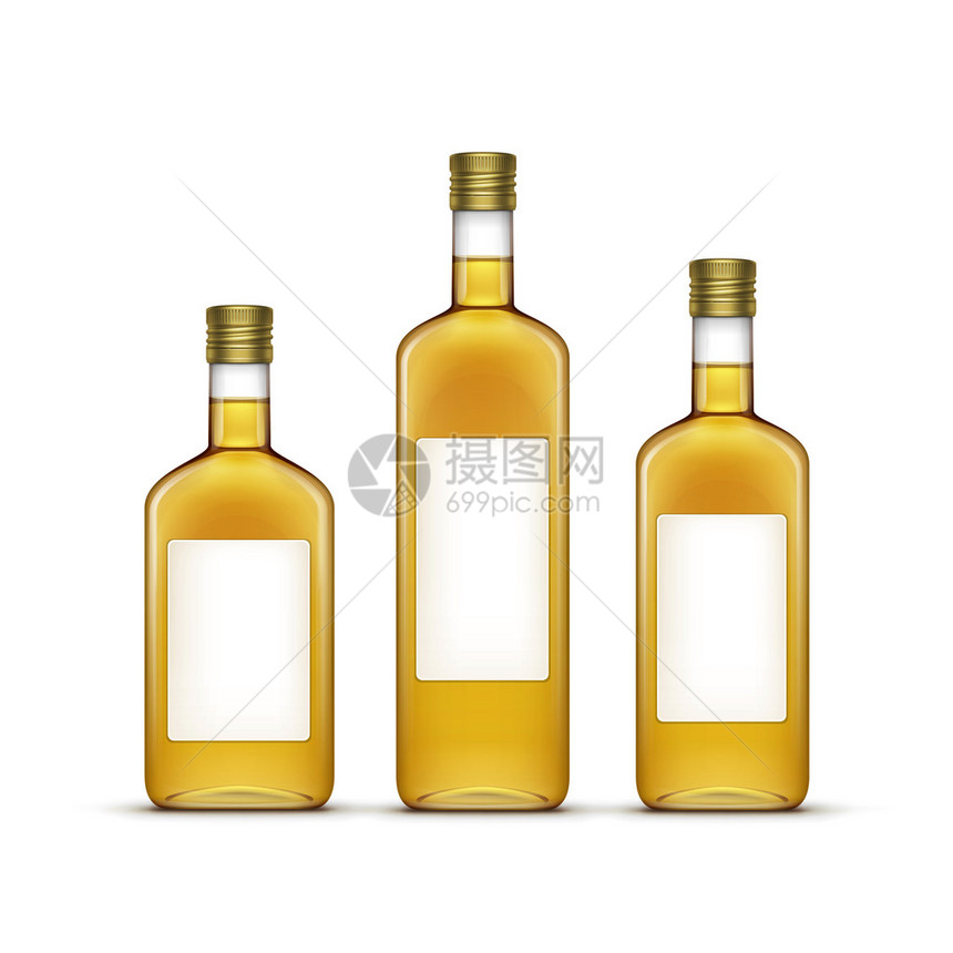 白背景下分离的酒精饮料瓶或日花橄榄油玻璃瓶图片