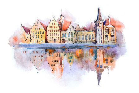比利时布鲁日市风景水彩画布鲁日运图片