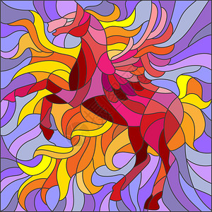 彩色玻璃风格的红色马和紫色背景图片