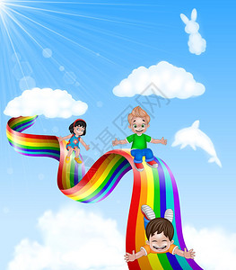 卡通小孩在彩虹上玩幻灯图片
