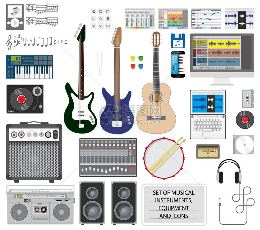 大型乐器设备和图标集可编辑矢图片