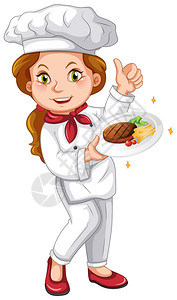 拿着招牌菜插画的女厨师图片