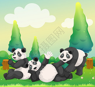 在公园玩耍的三只熊猫插画图片