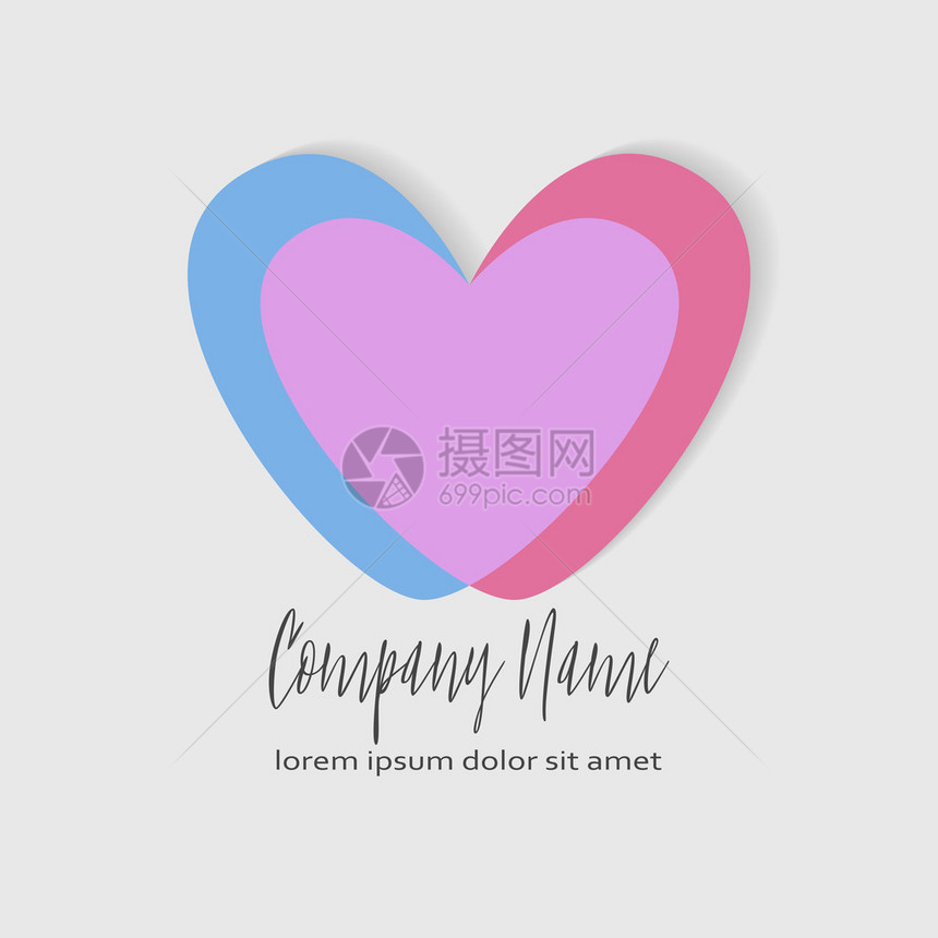 概念双心图标两颗交叉的心简单的标志蓝色和粉红色的心在交叉点形成第三颗紫色的心家庭怀孕婚礼或浪图片