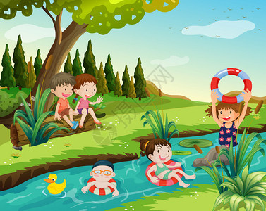 孩子们在河里游泳插画图片