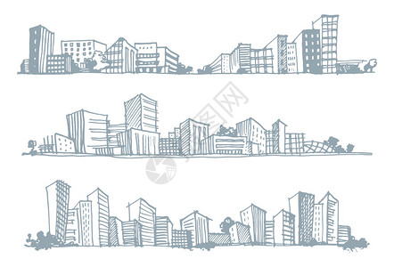 城市剪影的手绘草图矢量插图图片