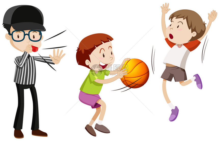 裁判和孩子们打篮球插画图片