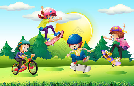 公园插图中的儿童滑板和骑自行车图片