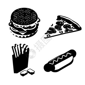 设置快餐剪影大多汁的汉堡和剁碎纸盒里的炸薯条番茄酱和奶酪酱Vezhey一块披萨配香肠和西红柿美味的热狗小圆面包和背景图片