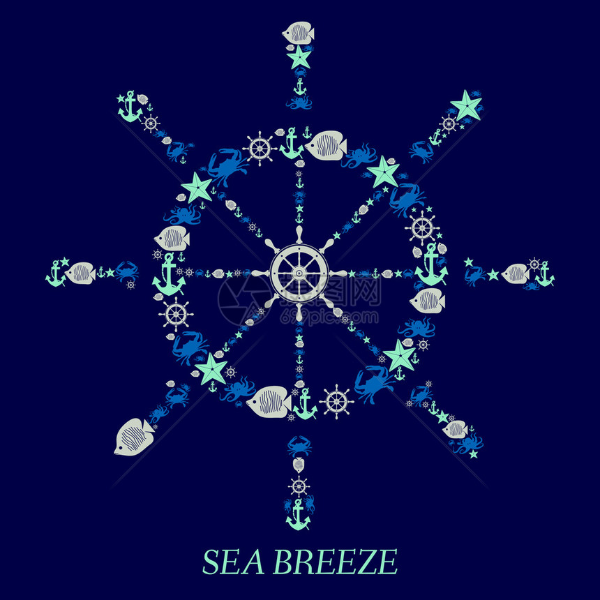 图标舵海矢量插图航海锚舵海洋生物隔离深蓝色背景海洋动物螃蟹鱼章卡片插图海报和网页设计图片