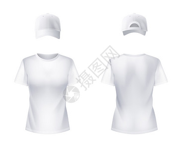 白T恤衫和棒球帽正面和后背观点为妇女插图矢量设定图片