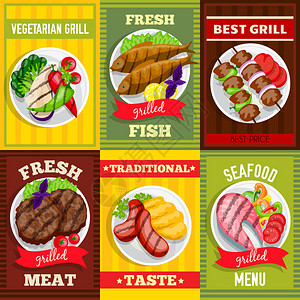 烤肉小型招贴画设置了素食烧烤鱼肉食品餐饮图片
