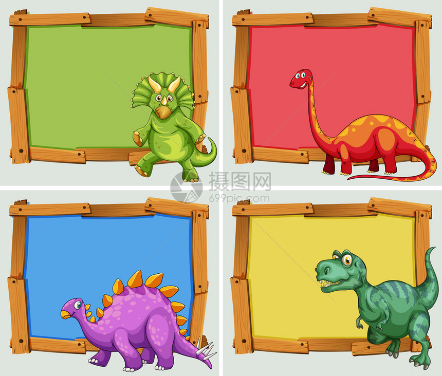 木框架和许多恐龙插图图片