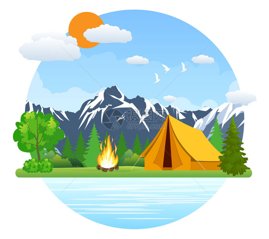 夏季景观帐篷和篝火在湖附近的山上河边的大自然中的孤独周末在帐篷里徒步旅行和露营平面设图片