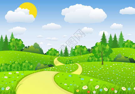 带有草地和鲜花的夏季风景道路和森林自然景观病媒背景用平板设图片