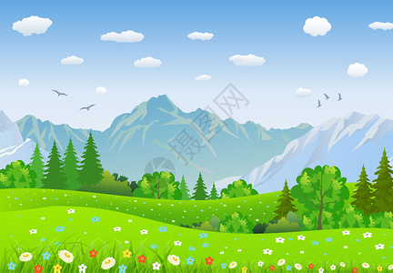 含有草地和山丘的夏季风景森林自然景观病媒背景平板设计图片