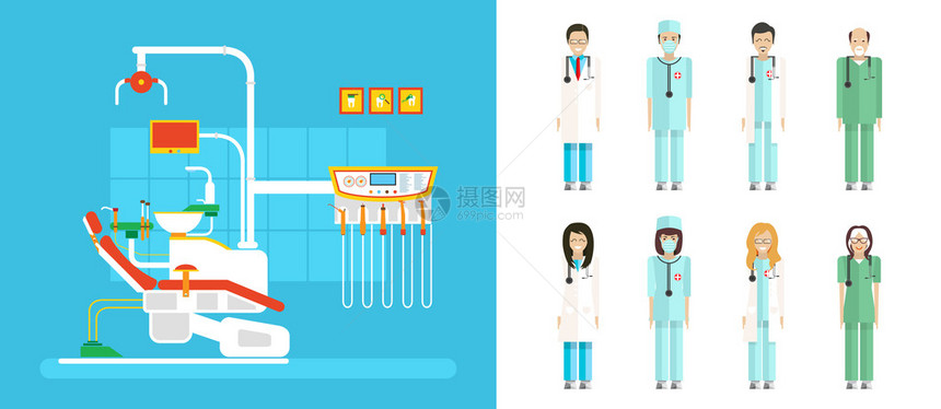 带有牙科椅的牙科办公室的库存矢量图集图片