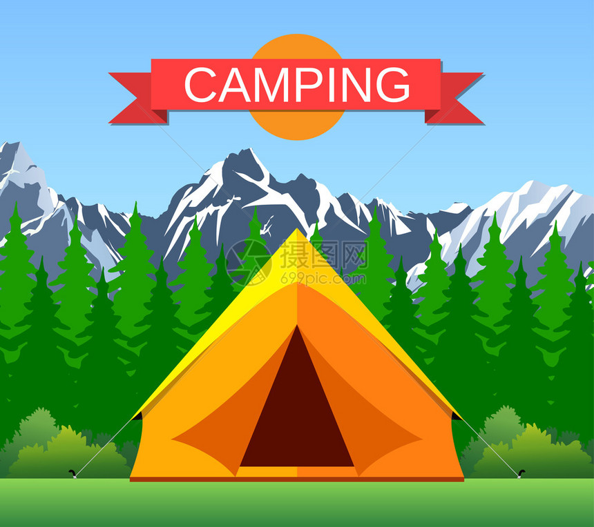山地和林木背景的旅游帐篷用平板图片
