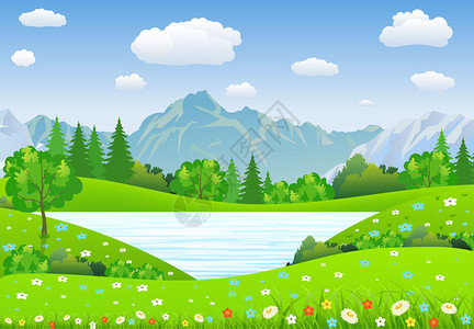 葱拌八带带草地和山丘的夏季风景湖泊和森林自然景观病媒背景插画