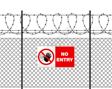 带刺铁丝网的栅栏并签署禁止进入带刺铁丝网的金属栅栏上的金属标志禁止进入铁丝网上白色图片