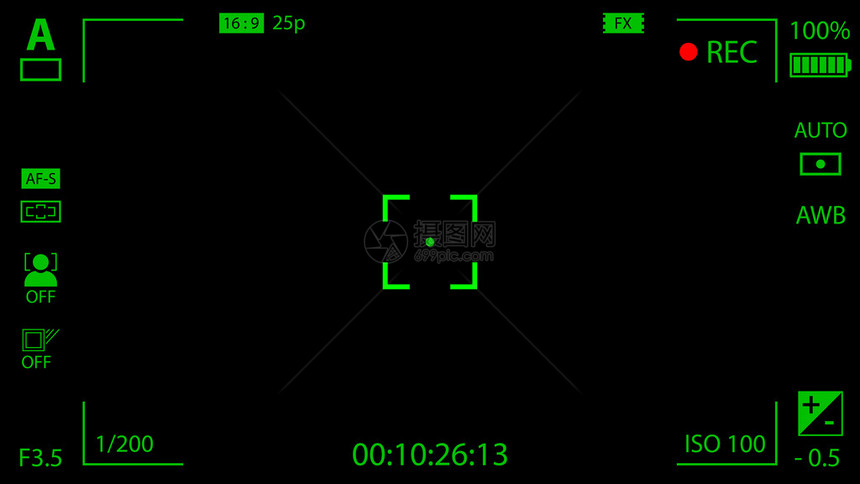 带有设置的现代数字视频摄像头聚焦屏幕黑色和绿色查看器相机记录矢量插图V图片