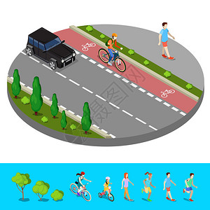等距城市与自行车手的自行车道步行人的图片