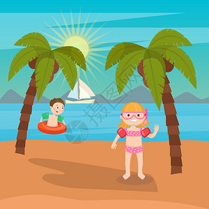 儿童海上度假女孩和男孩在海滩玩图片