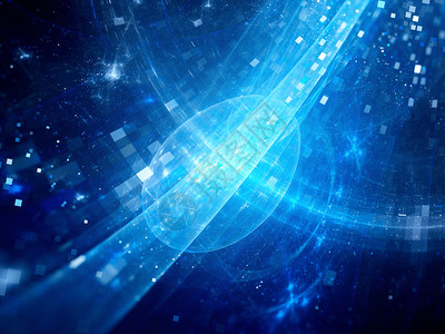 具有方形粒子的蓝色发光空间泡新的未来主义技术计算机生图片