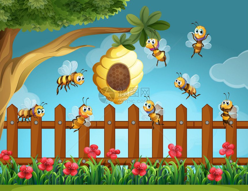 在花园插图中蜜蜂在图片