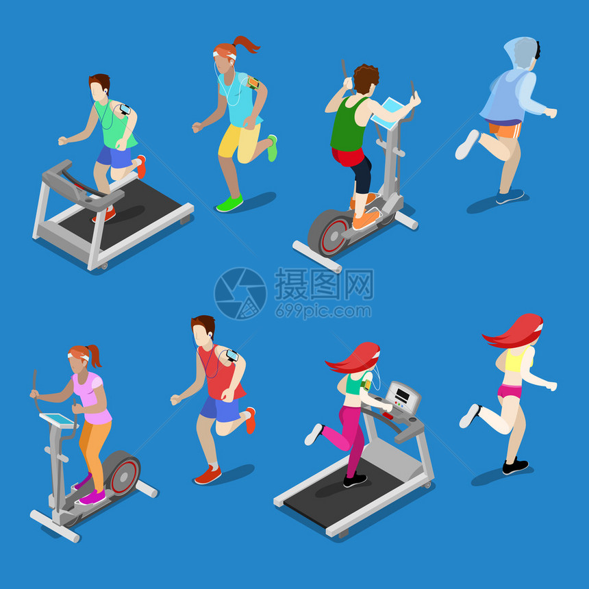 男人和女人在Gym的TreadMill上跑步图片
