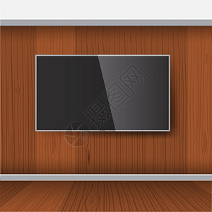 智能电视模型矢量电视屏幕挂在木墙上的LED电视电视与图片