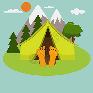 挤了出来露营的早晨男人睡在帐篷里夏季景观自然与山和树腿从帐篷里出来了插画