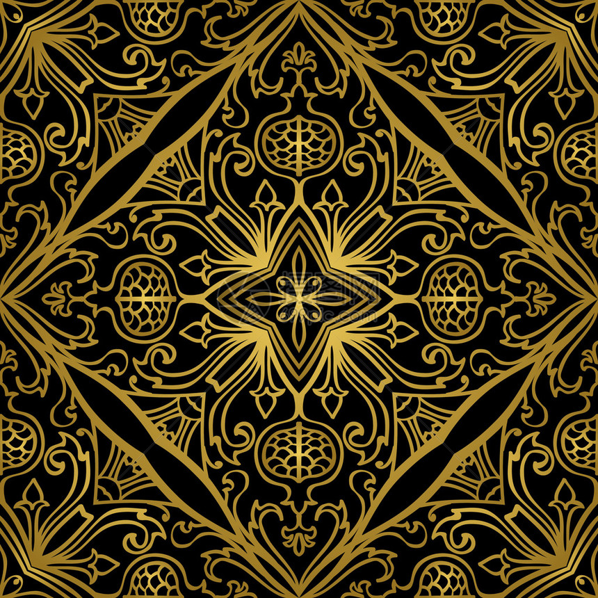 黑色背景上的矢量金饰东方花卉图案与石榴地毯床罩马赛克披肩瓷砖图片