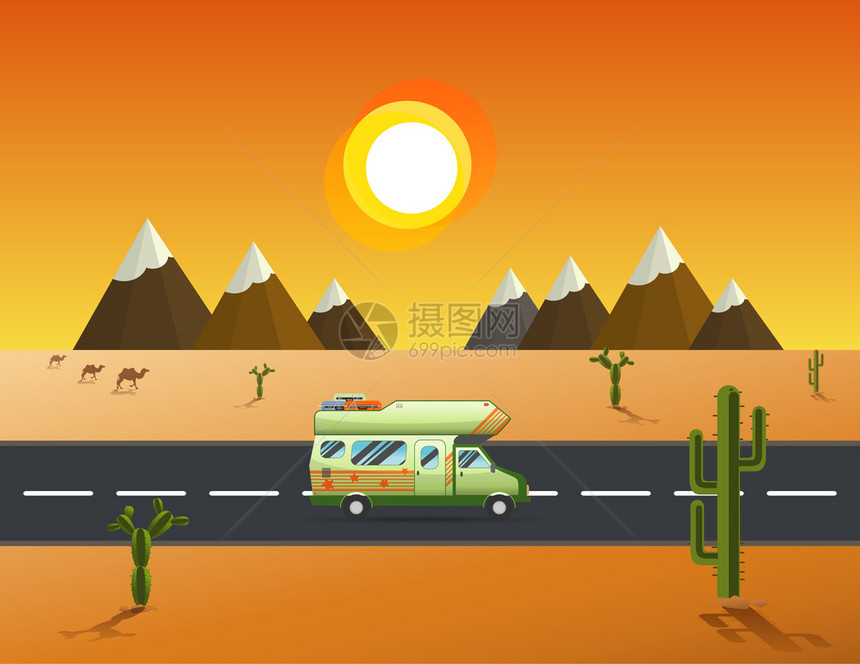 外出露营旅行度假概念海报卡Caravan摩托家车在路边穿过沙漠和山地景观Victor插图请查看InfoFinland图片