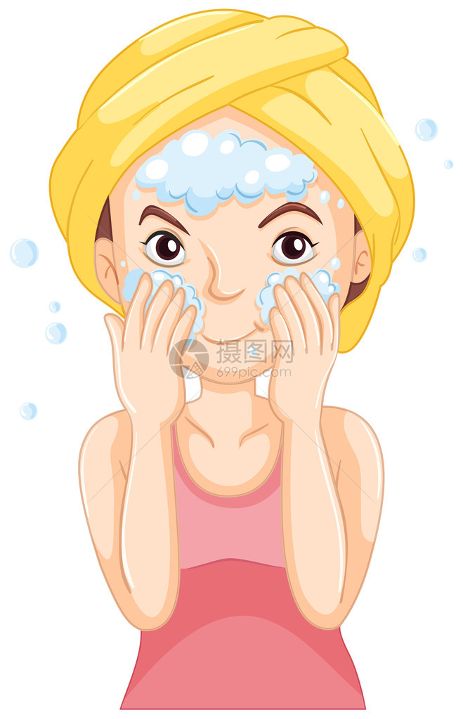 用泡沫插图洗脸的女人图片