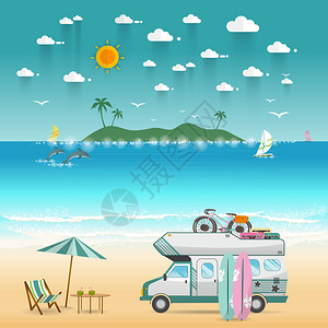 夏季海滩露营岛风景有大篷车露营海观背景图片