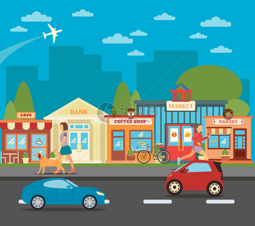 小城镇拥有商店活跃人口和汽车的城市图片