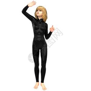 一个穿黑色超级西装的少女用右手举起头来遮盖她的图片