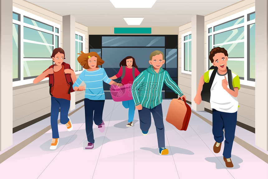 快乐学生在学校走廊一起运行的矢量图图片