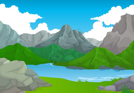 具有湖泊景观背景的山矢量插图背景图片